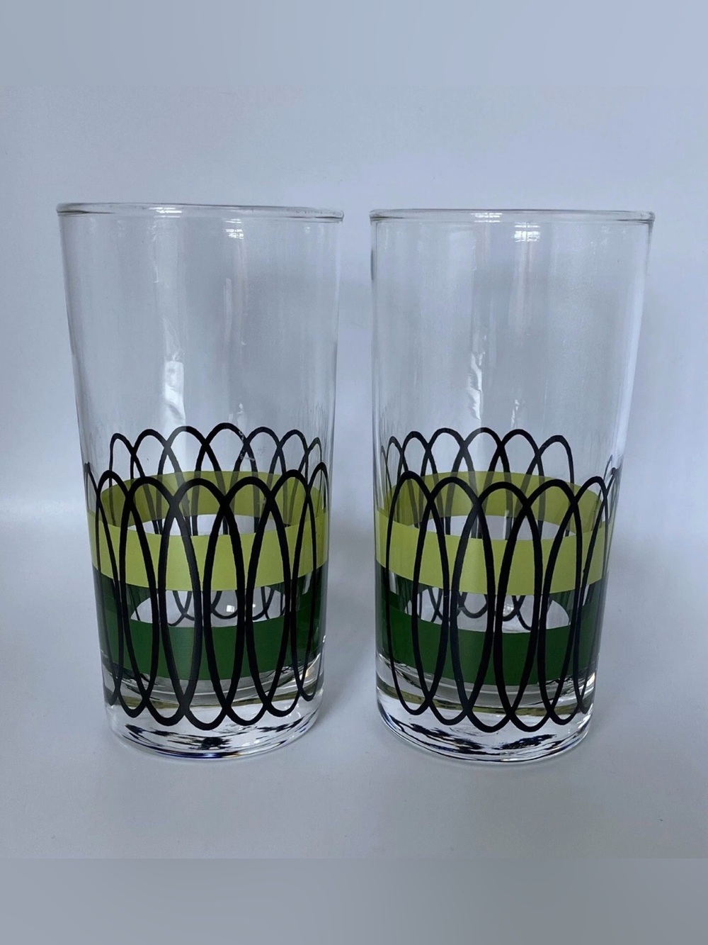 2 Libbey MCM Glasses Green Stripes with Black Loops Barware 1960s โWrought Ironโ